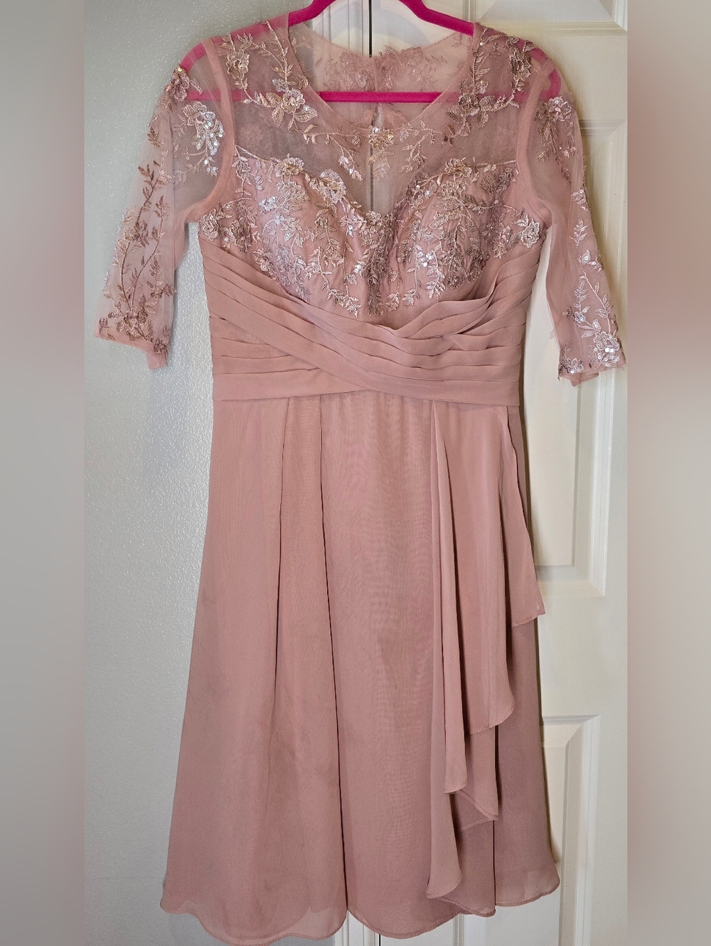 Mauve Embroidered Mesh Bodice Evening Dress